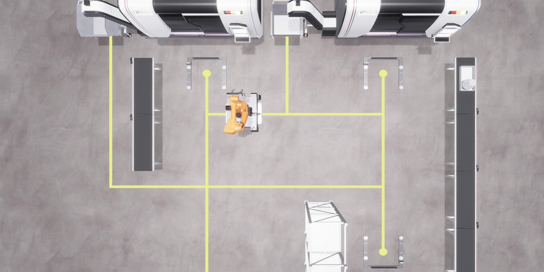 Übersichtsgrafik mit AGV-Fahrwegen, Maschinenstandorten und vernetzten Dockingstationen im Produktionslayout