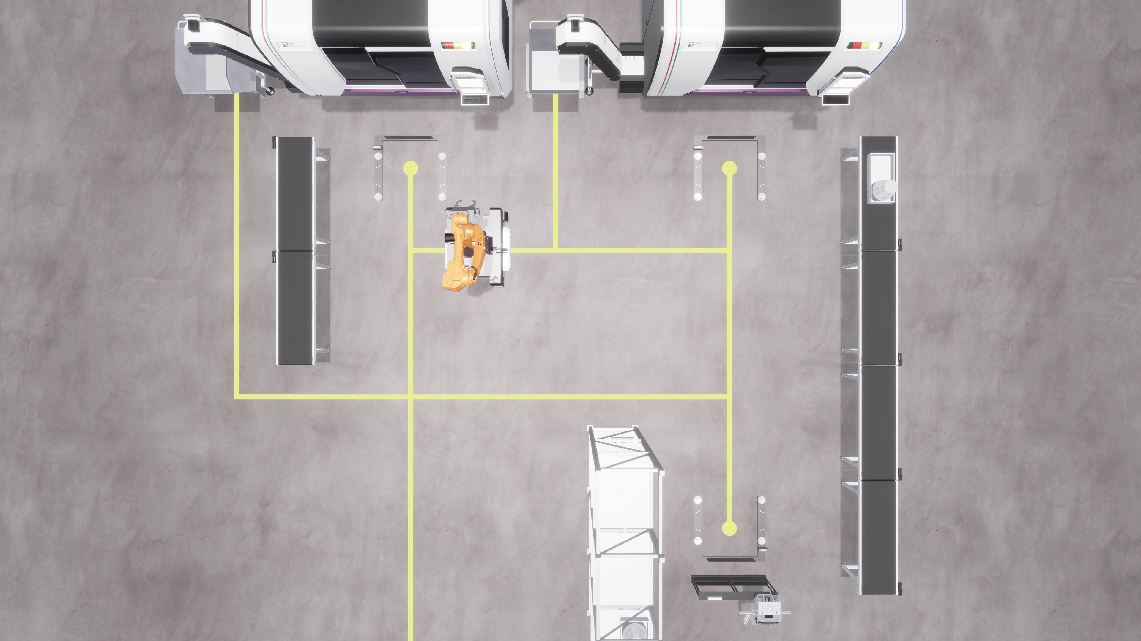 Einsatzbereiche der MRP-Roboter: Maschinenverkettung, Umverteilung von AGV-Ladungen, Pufferlager